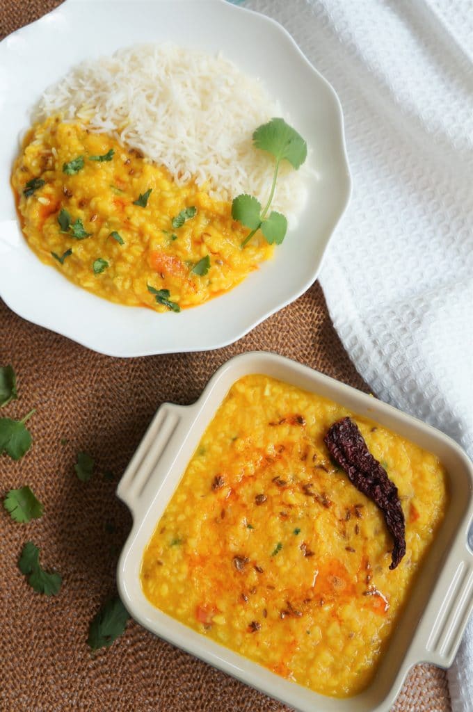 Moong Dal Tadka or Split Yellow Lentil Soup made in Instant Pot or Pressure Cooker. This is another popular dal similar to Toor Dal Fry that is used for everyday cooking in India. It is a quick, easy and low-calorie #nutritious lentil soup