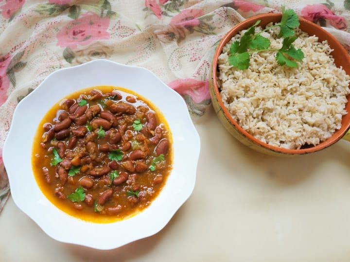 Instant Pot Rajma Masala in a bowl along with brown rice