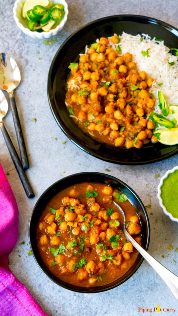 Chana Masala made in the instant pot in a bowl and in a plate with basmati rice