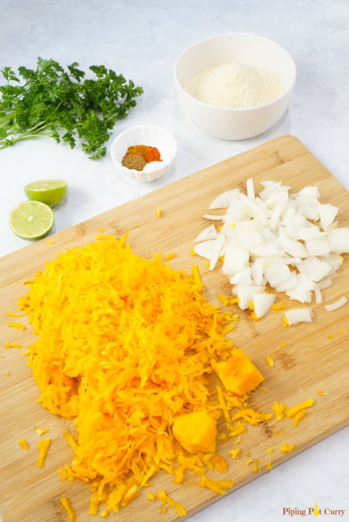 Try these super delicious and crunchy Chickpea Squash Fritters. These vegan & gluten free Chickpea Squash Fritters are so easy and take less than 30 minutes to make! Vegan Pumpkin Fritters - Ingredients grated butternut squash, onions, chickpea flour, spices, lemon, parsley