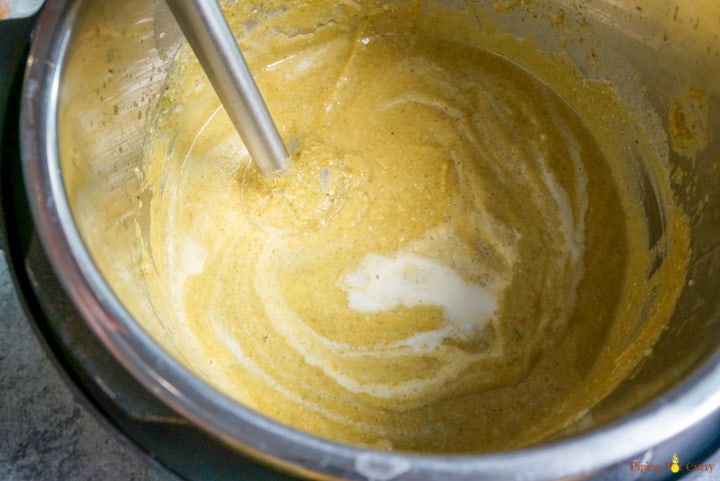 Enjoy this healthy Instant Pot Cream of Broccoli soup made in less than 30 minutes. This amazing comfort food can be enjoyed guilt free now, with this plant based vegan & gluten free recipe. Pressure Cooker Cream of Broccoli Soup - Step 3 add coconut milk and puree using an immersion blender