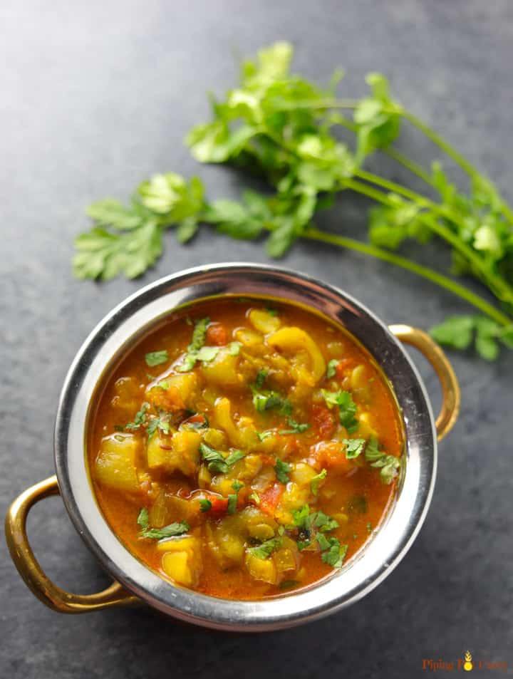 Enjoy this easy and delicious Ridge Gourd Curry, also known as Turai ki subzi, made in the pressure cooker or instant pot | #turai #tori #gilki #ridgegourd #spongegourd #instantpot #pressurecooker #pipingpotcurry | pipingpotcurry.com Ridge Gourd Curry | Turai ki subii served in a bowl