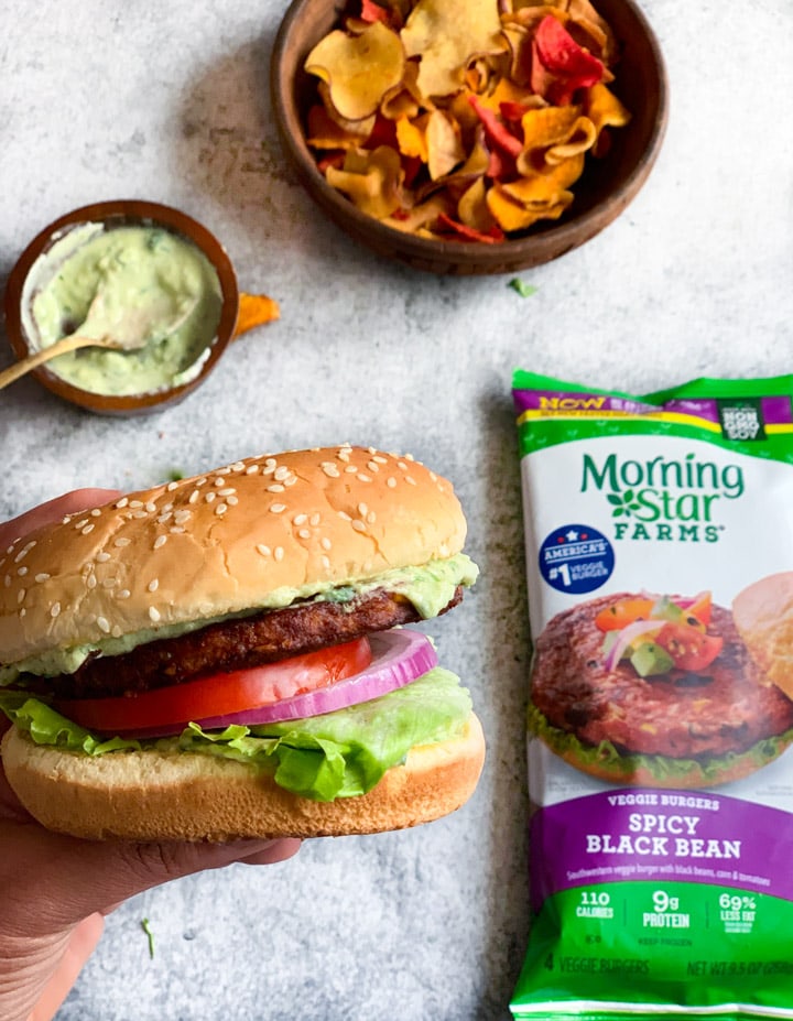 Black Bean Burgers with MorningStar Farms pack, and avocado cilantro sauce and chips. 