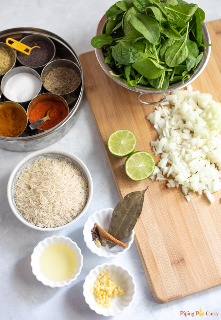 Ingredients such as rice, spinach, onions, garlic and spices